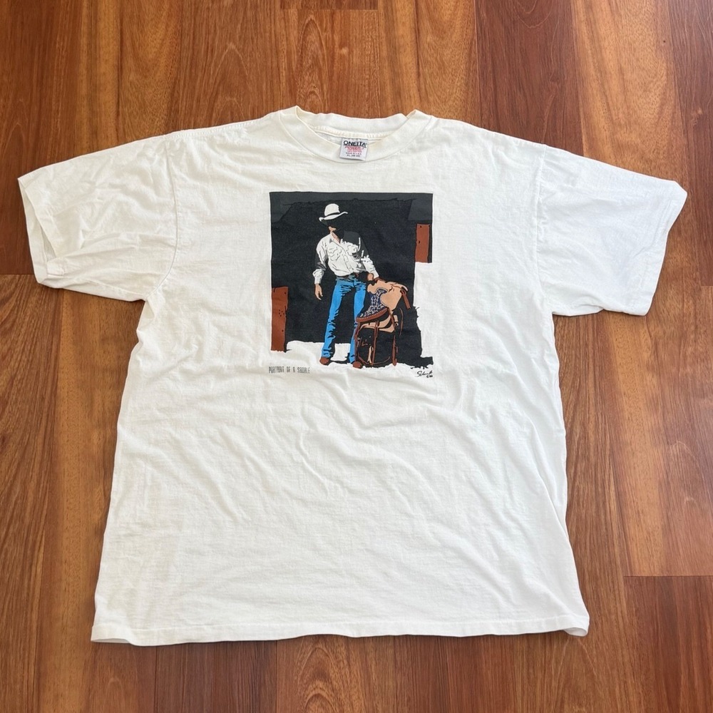 Vintage 1989 Portrait Of A Saddle Graphic T-Shirt ONEITA Tag Made in USA Size XL